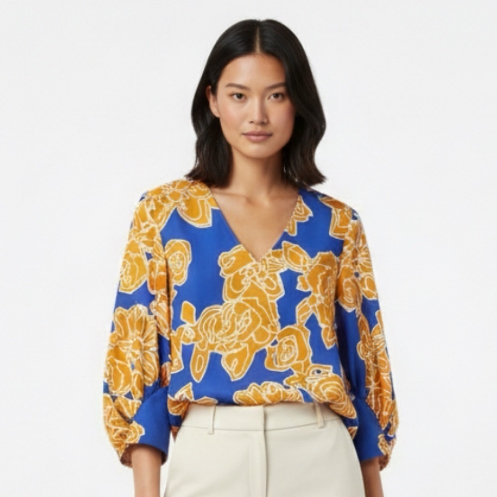 CROSBY By Mollie Burch Blue Orange Floral V-Neck 3/4 Sleeve Blouse Size XS
